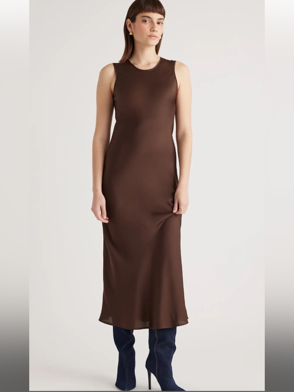 NWT Washable Stretch Silk Tank Midi Dress-Hot fudge